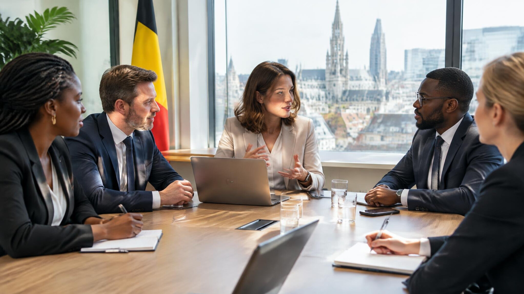 Executives having a discussion in a modern boardroom